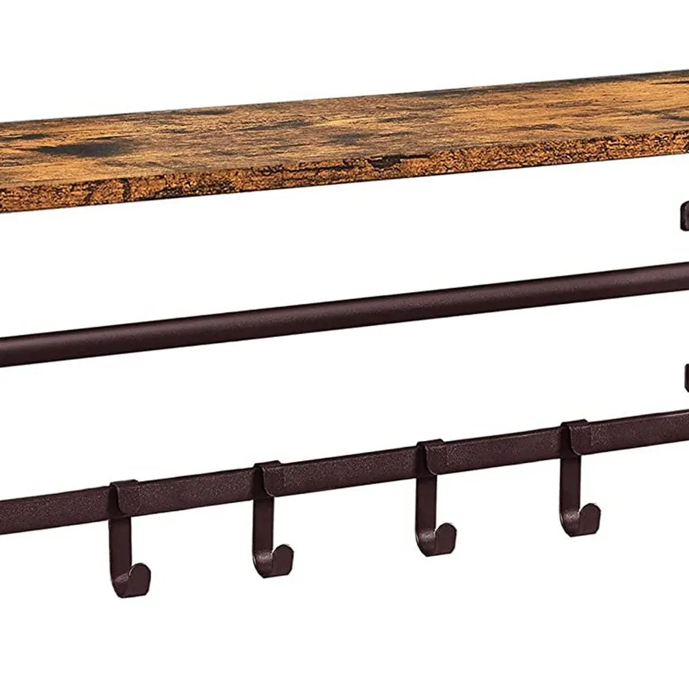 31 Inch Wall Mount Coat Rack, Wood, Metal, 1 Rod, 5 Hooks, Brown, Black By Casagear Home