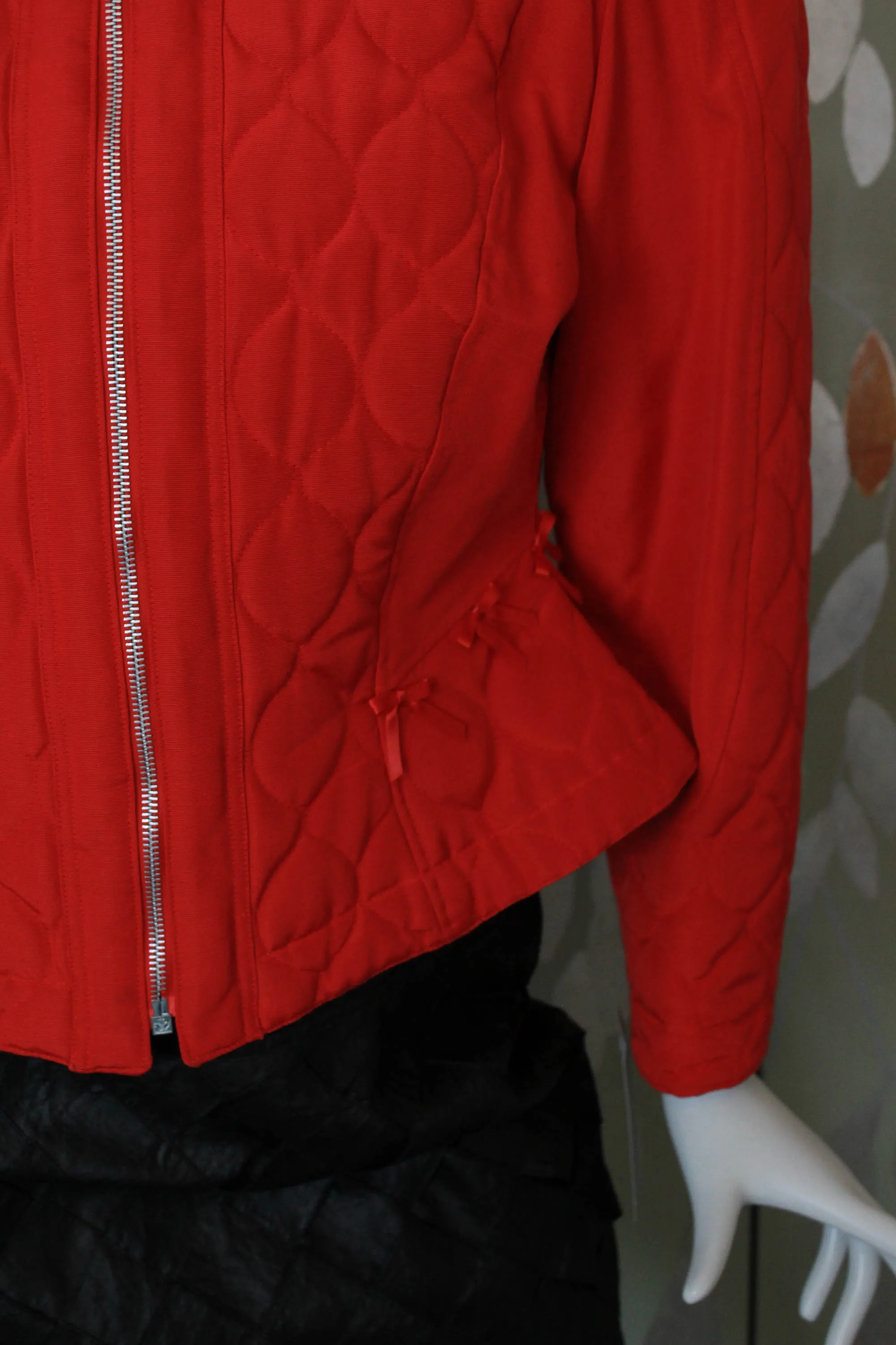 80s Red Quilted Jacket with Bows, Medium