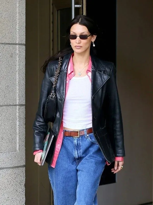 Bella Hadid Leather Jacket Black Button Closure