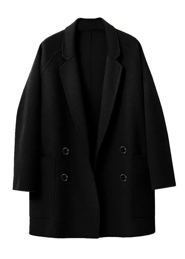 Black Notched Button Solid Woolen Coats Fall