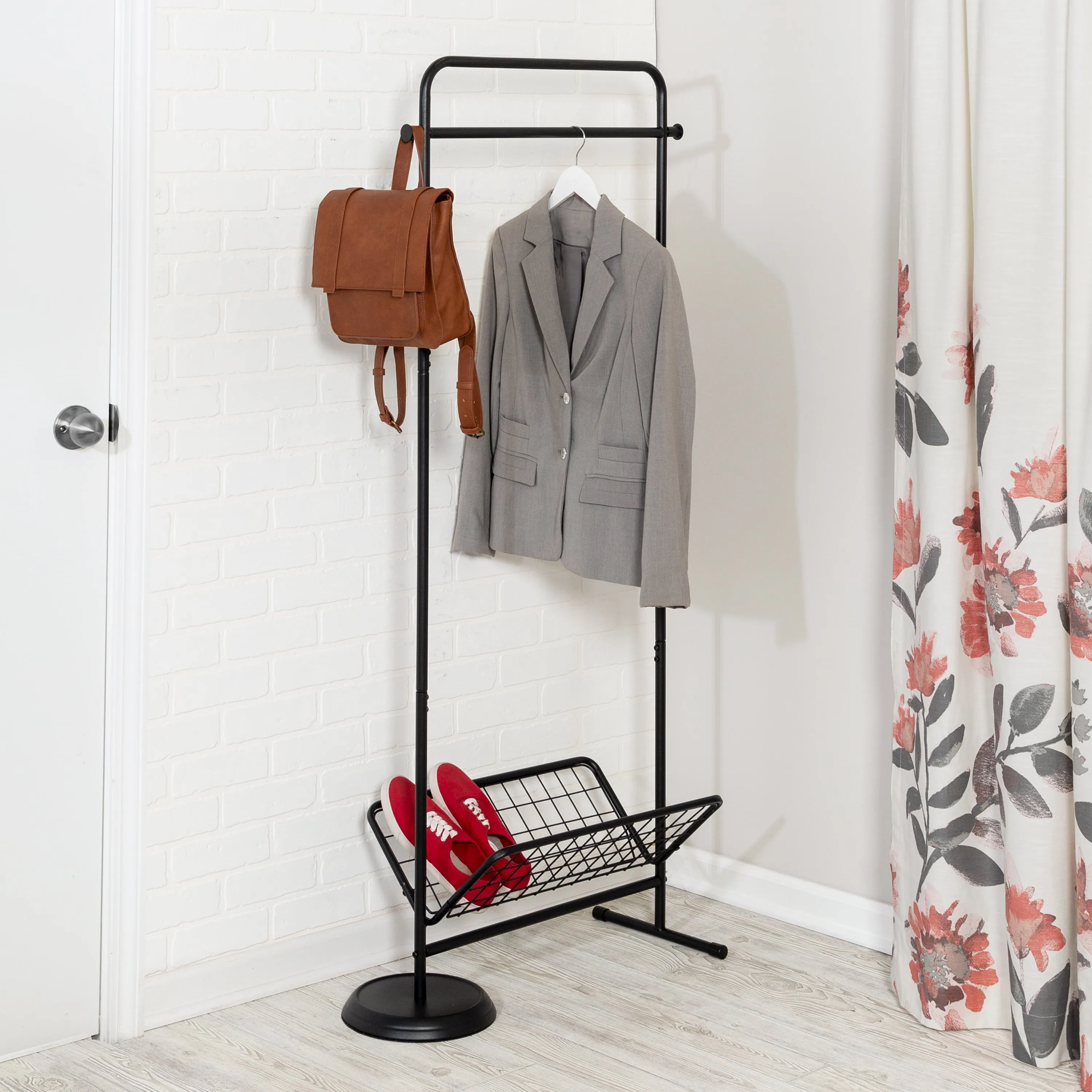 Black Swivel Entryway Coat Rack with Shoe Storage