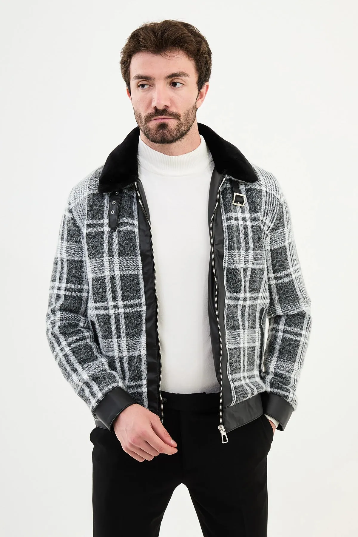 Bojoni Capena Black Fur Plaid Slim Fit Coat