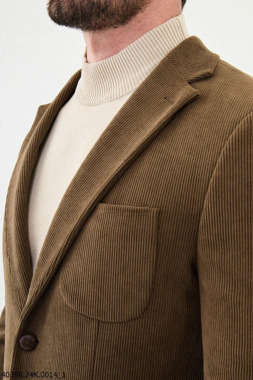 Brabion James Camel Slim Fit Notch Lapel Striped Velvet Blazer