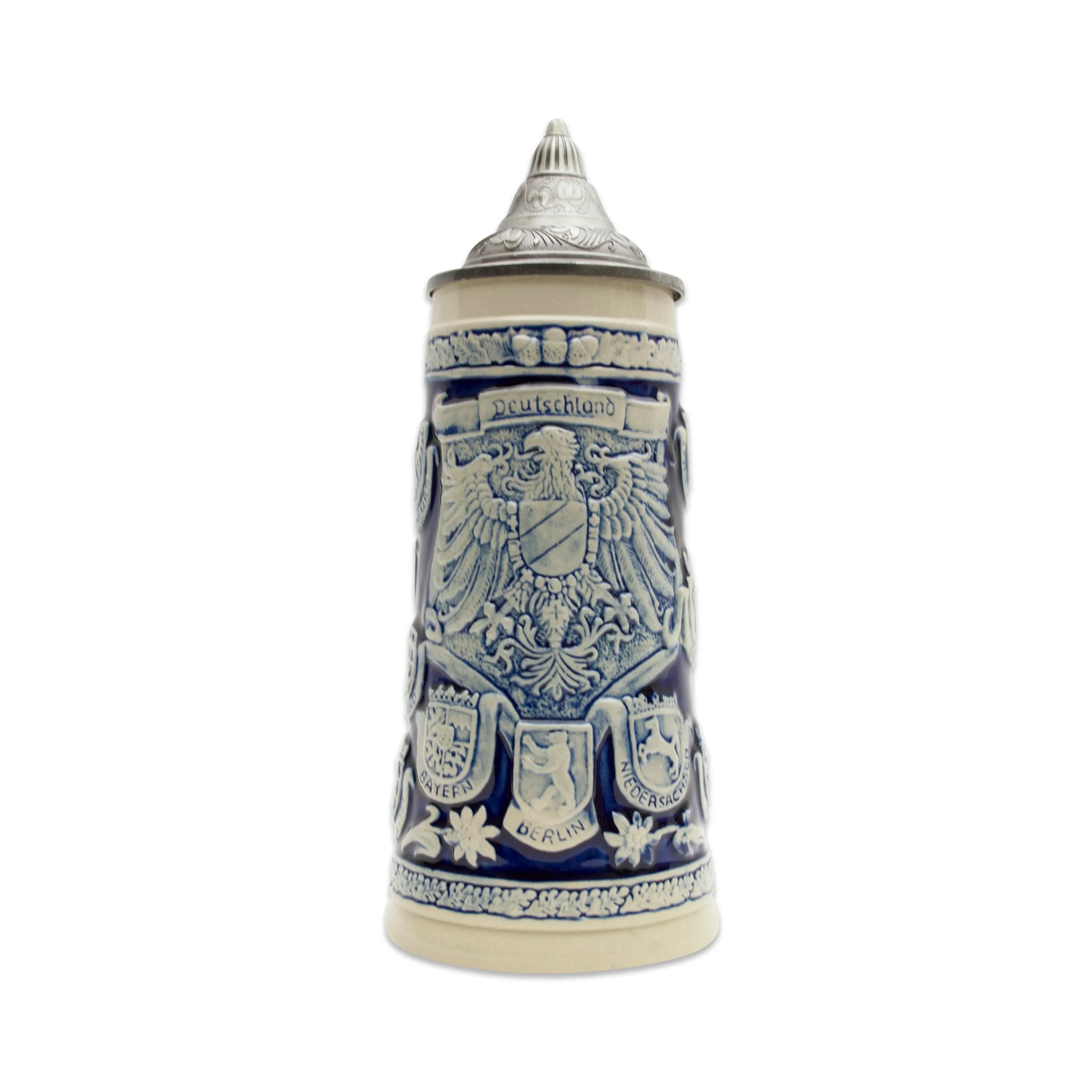 Cobalt Blue Germany Coats of Arms Engraved Beer Stein with Metal Lid