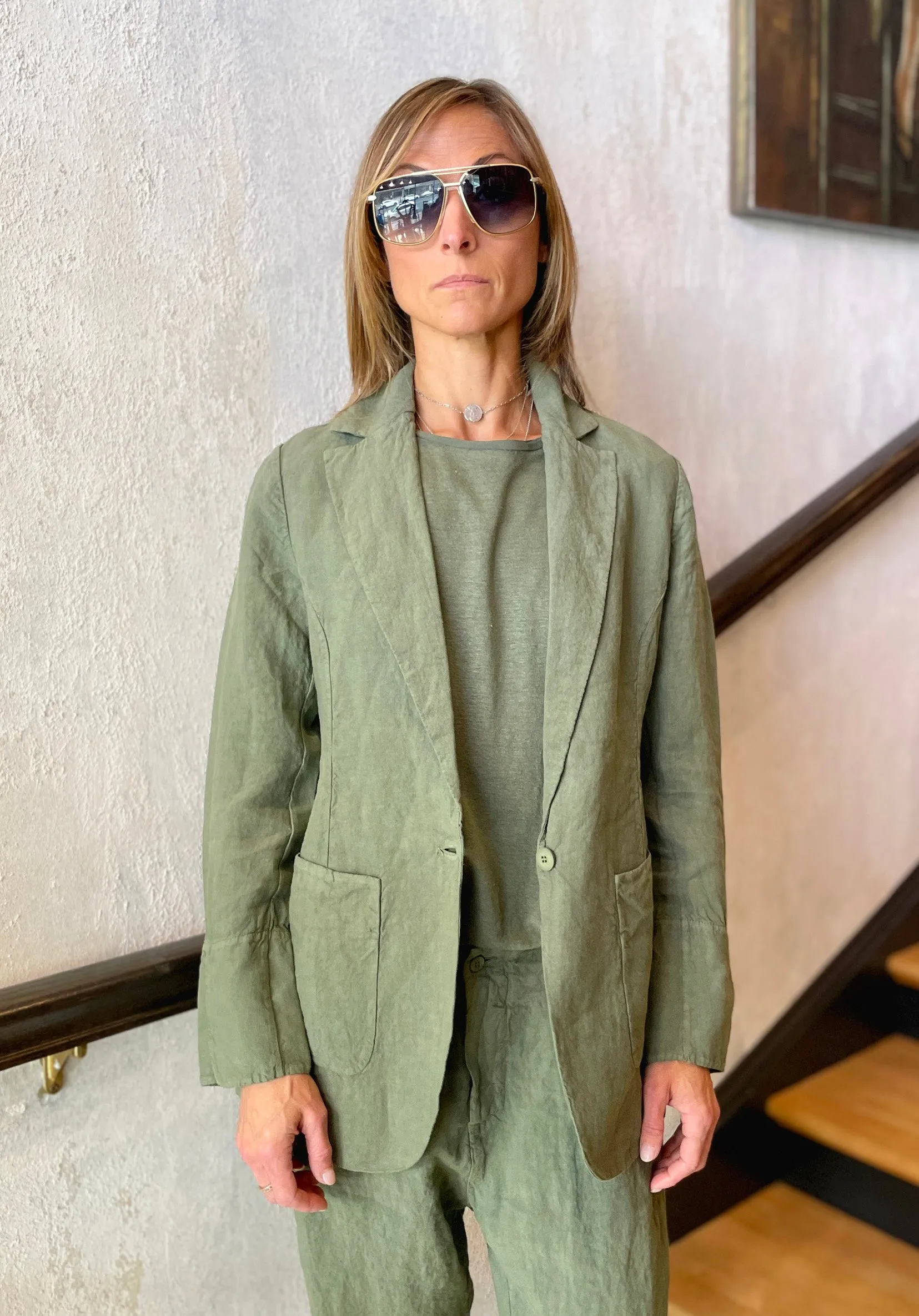 Comfort Fit Linen Jacket - Green