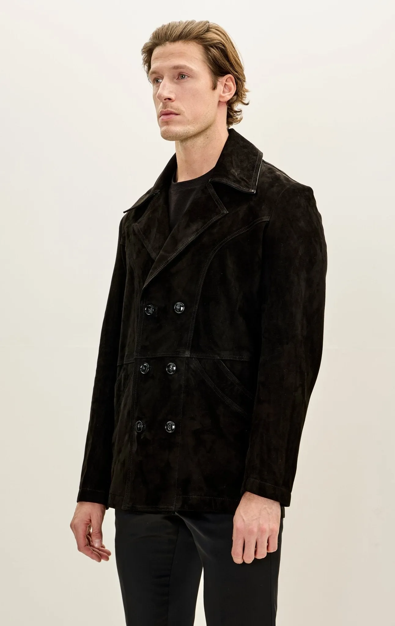 Genuine Suede Leather Bond Coat - Black