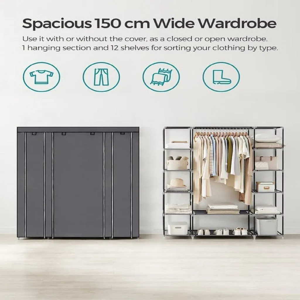 Gray Portable Closet Organizer with Shelves, Sturdy Wardrobe - SONGMICS