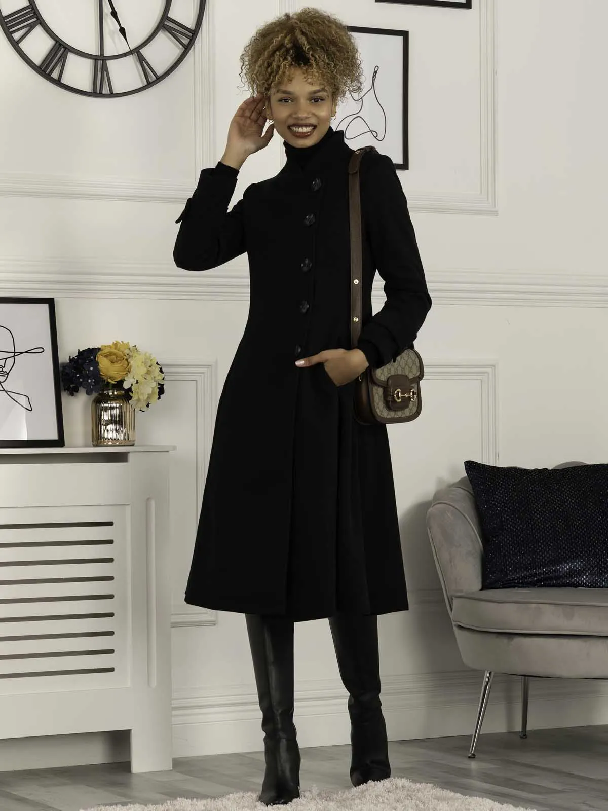 Jolie Moi Caroline Asymmetric Button Coat, Black