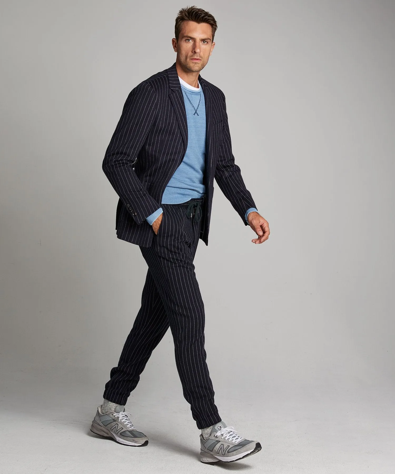 Knit Traveler Suit Jacket in Navy Pinstripe