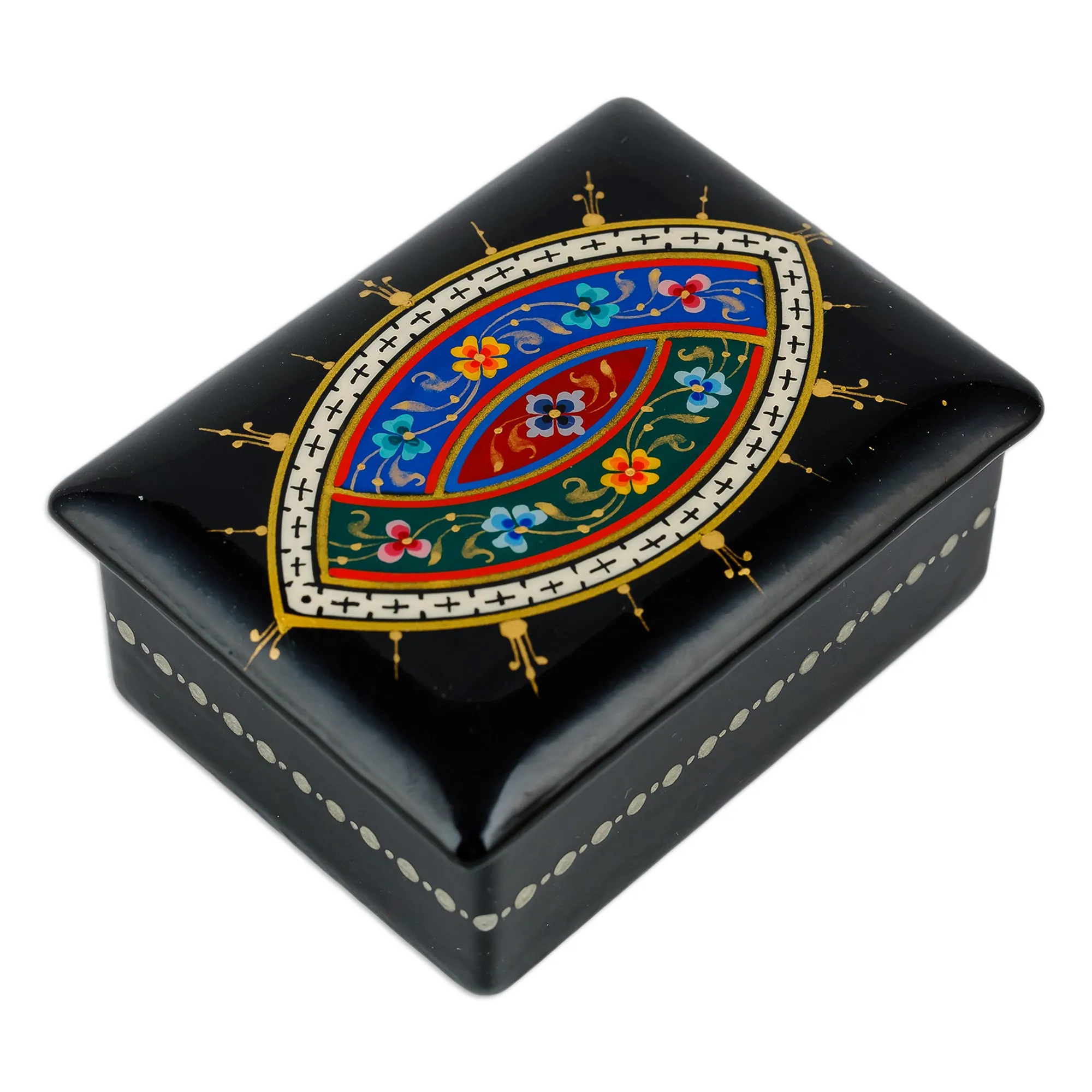 Lacquered Papier Mache Jewelry Box with Floral Motifs - Uzbek Bouquet | NOVICA