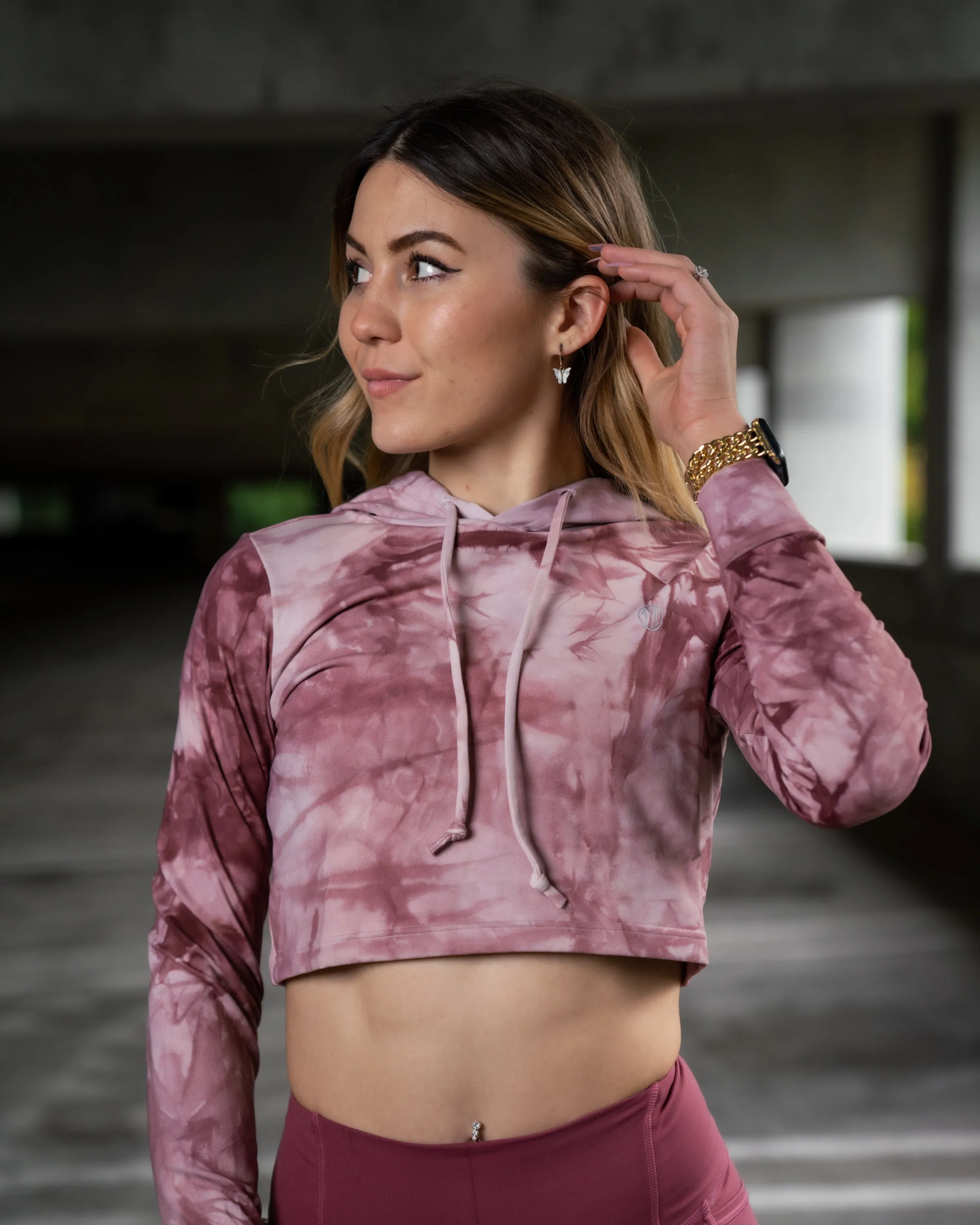 Luxe Loungewear Crop Hoodie - Pink Tie Dye