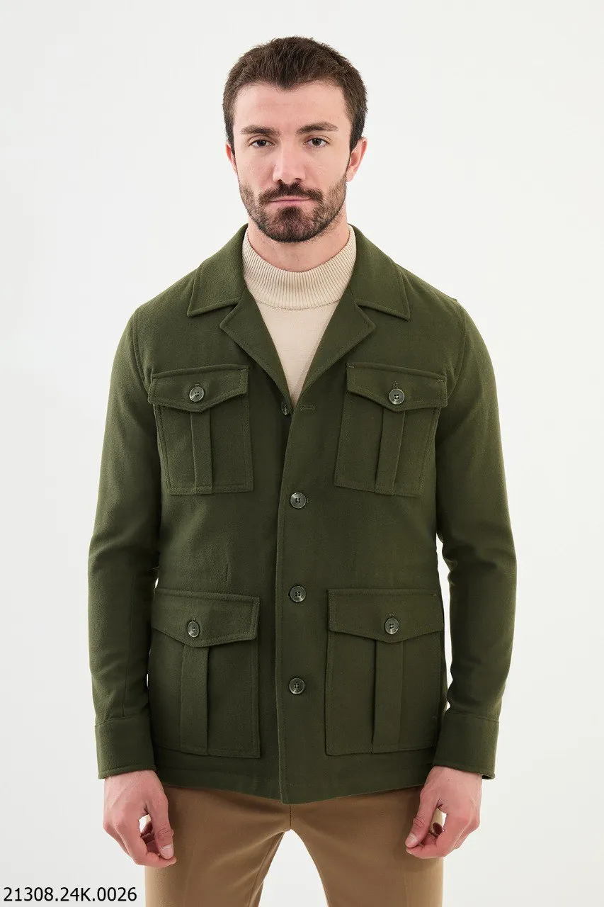 Men's Olive Green Utility Pocket Cotton Blend winter Jacket