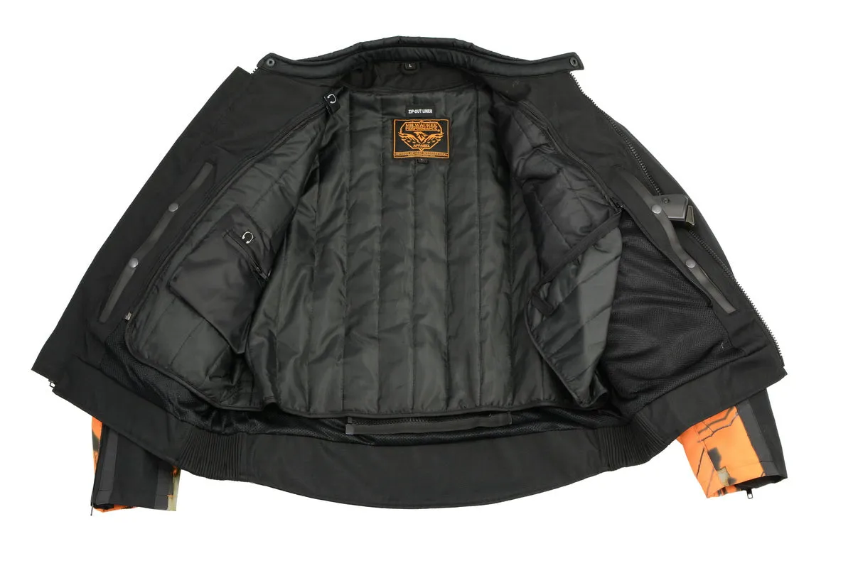 Milwaukee Leather MPM1786 Men's Black and Orange Textile Jacket with Mossy Oak Camo Chest Print