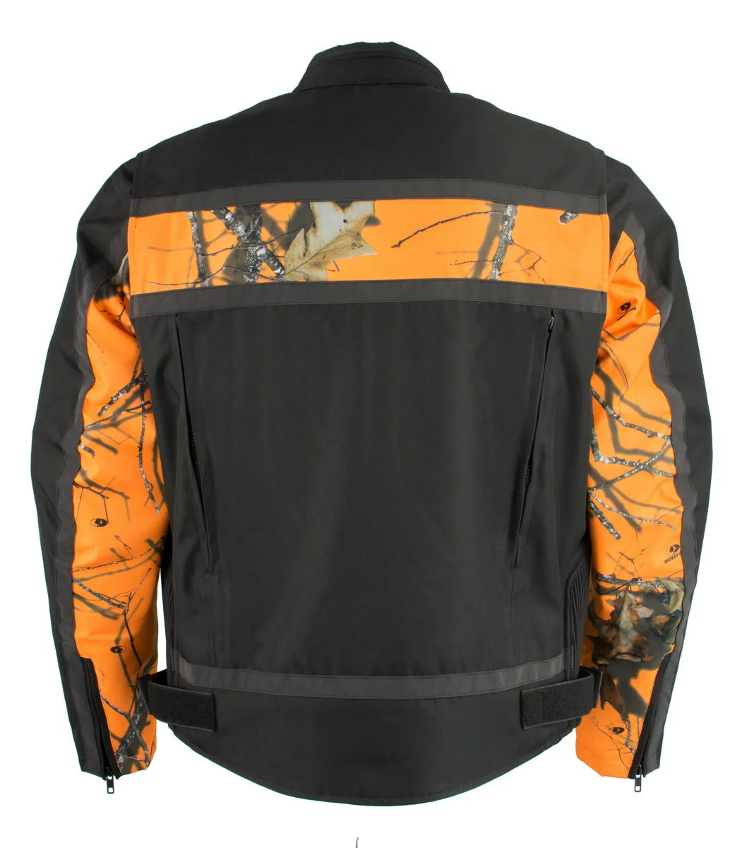 Milwaukee Leather MPM1786 Men's Black and Orange Textile Jacket with Mossy Oak Camo Chest Print