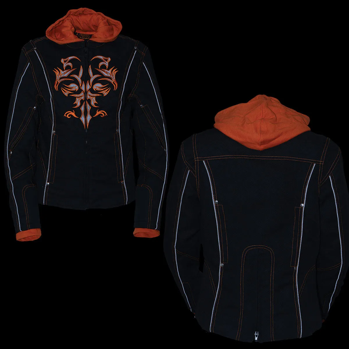 NexGen SH1939 Women's 'Reflective Tribal' Orange and Black 3/4 Textile Vented Jacket