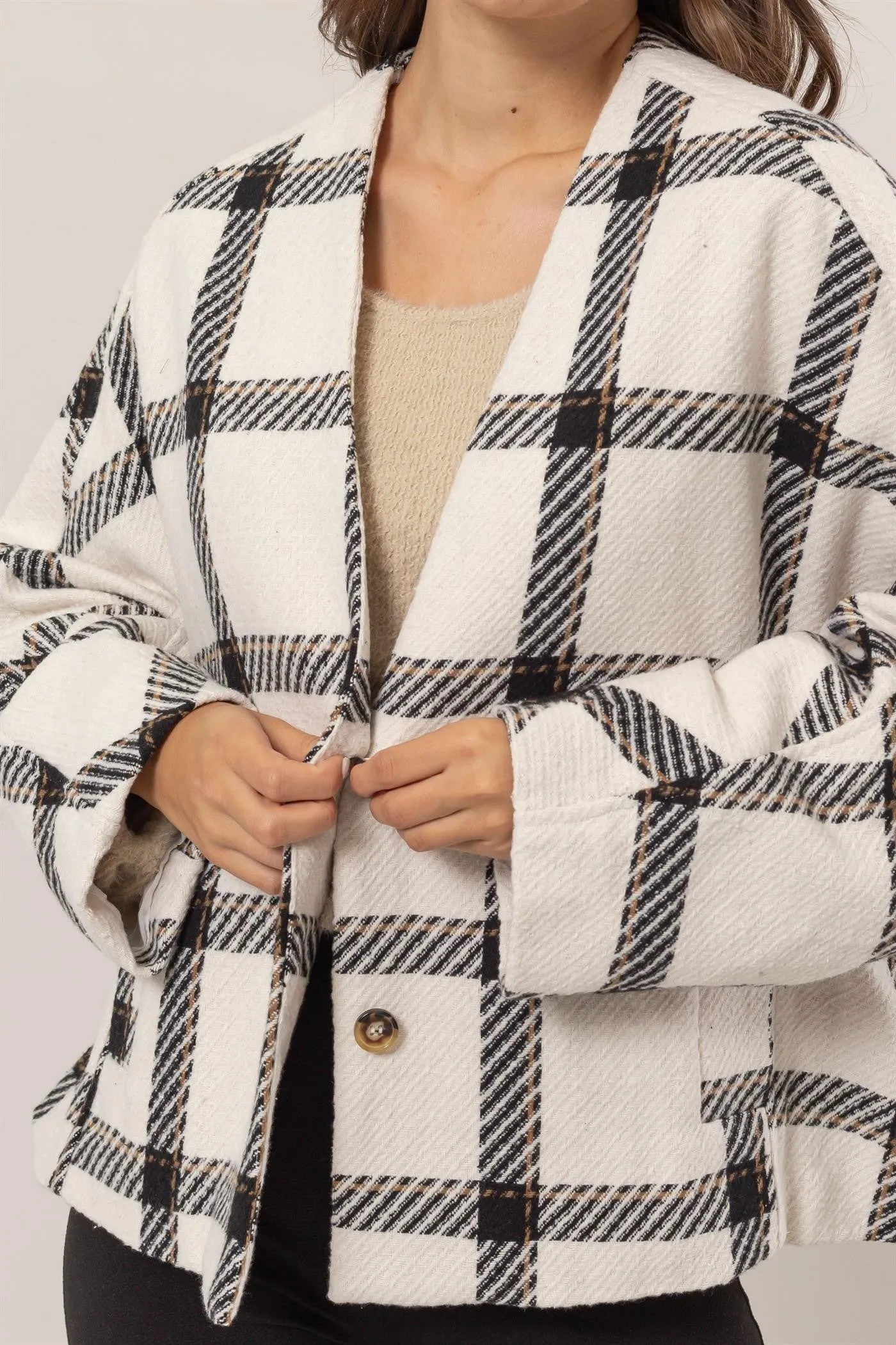 Plaid Long Sleeve Jacket with Side Slit Pockets