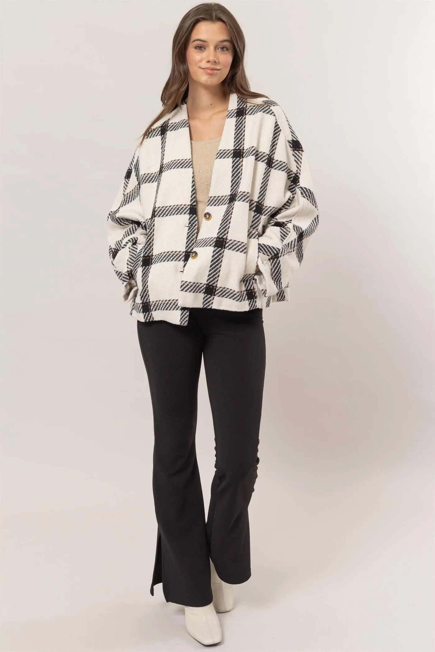 Plaid Long Sleeve Jacket with Side Slit Pockets