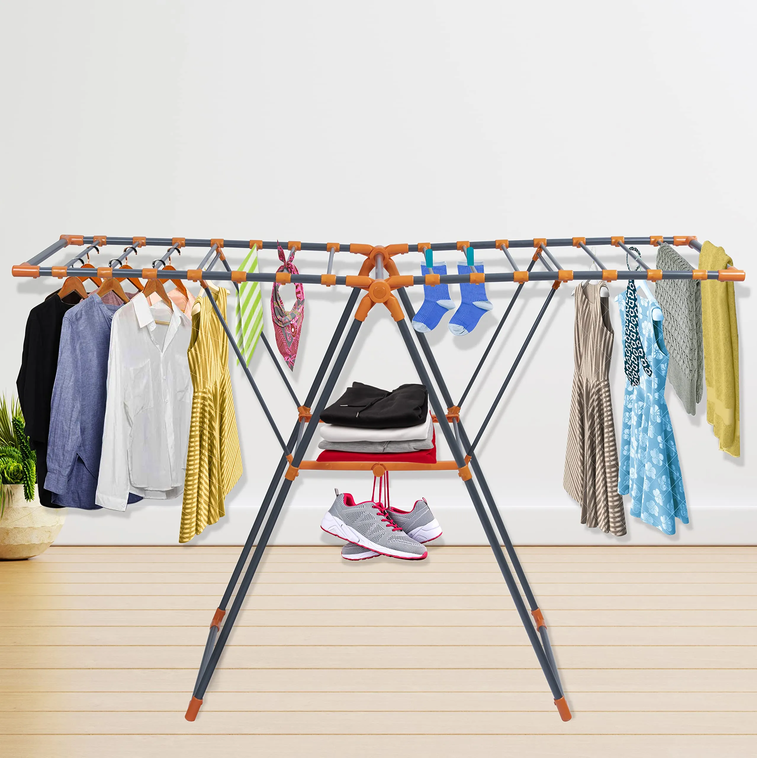 Plantex GI Steel Foldable Cloth Drying Stand/Clothes Rack/Clothes Hanger for Home/Londry Stand for Balcony – (Gray & Orange)