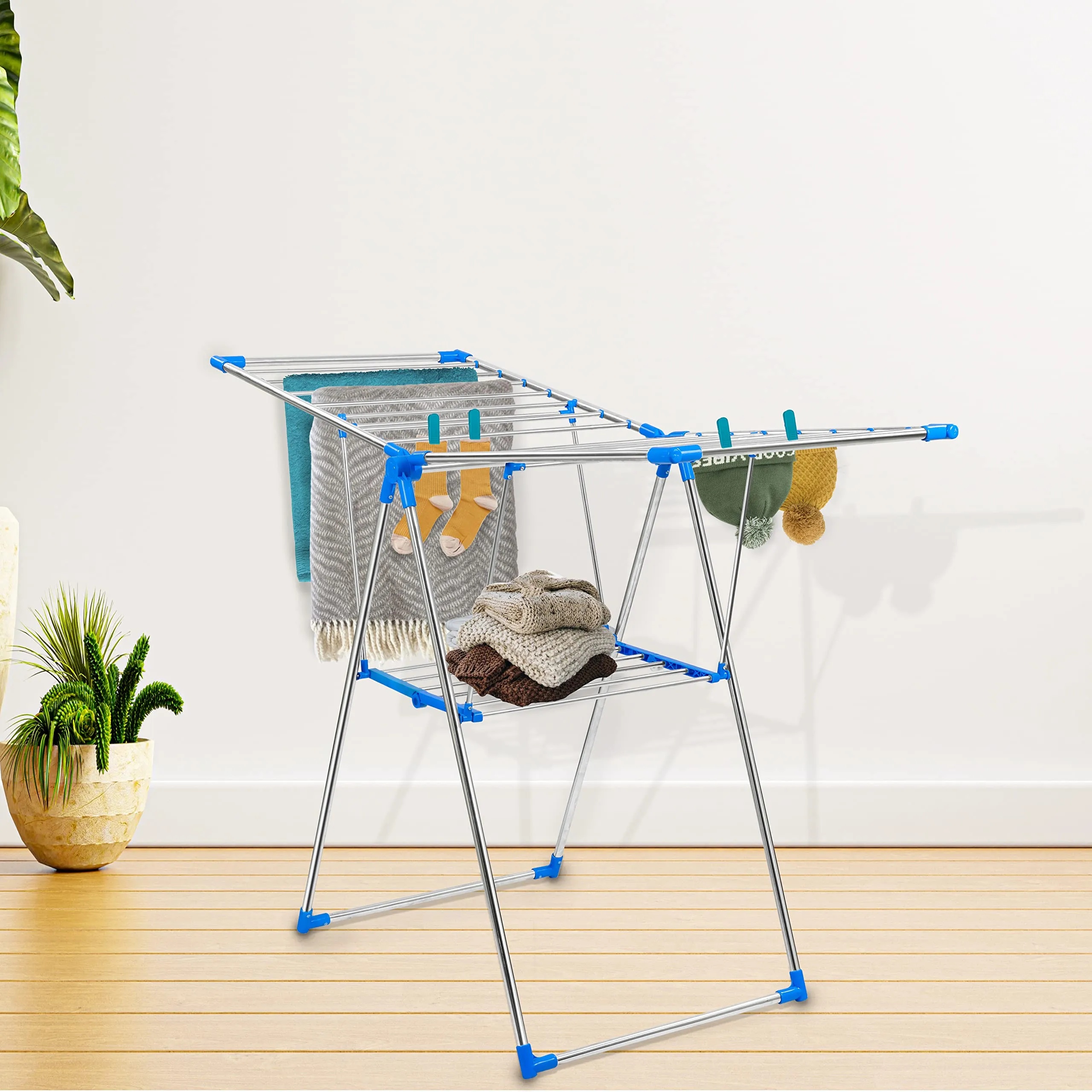 Plantex Stainless Steel Foldable Cloth Drying Rack/Cloth Hanger Stand for Home/Movable Cloth Rack - (Silver & Blue)