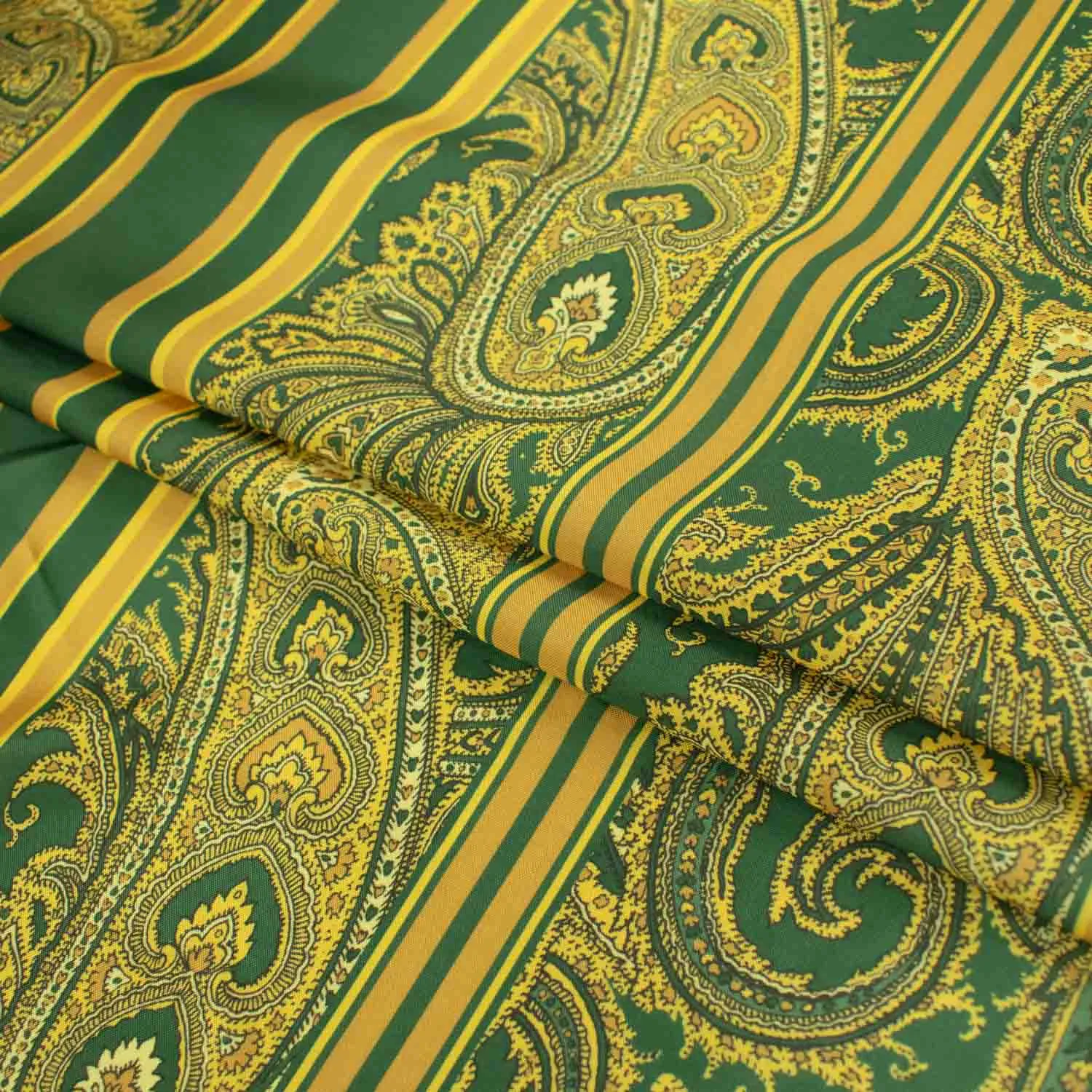 Printed Lining Design-31 Vintage Gold Paisley On Green Stripes