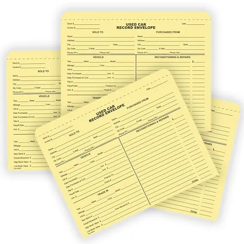 Used Car Record Envelopes for Car Dealerships and Repair Shops - 9-3/8" x 11-3/4" with 1/2" Extension - Durable 100# Buff Stock - Black Ink Printed on Short Side - Shrink-Wrapped Packs