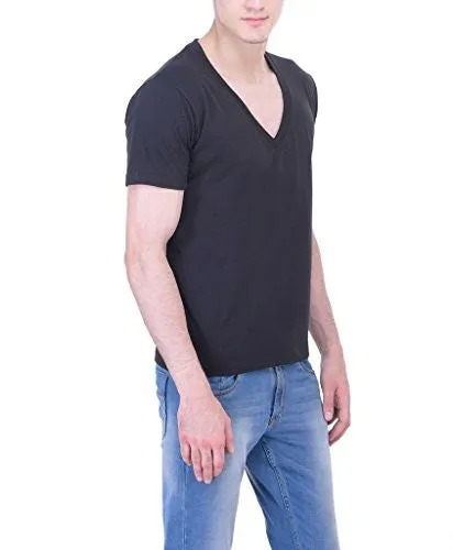 Vivid Bharti Men's Cotton Deep V-Neck Black T-Shirt (Large)