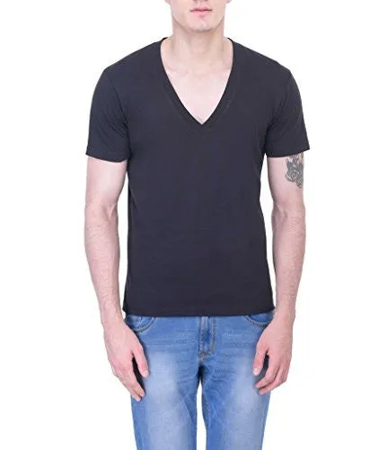 Vivid Bharti Men's Cotton Deep V-Neck Black T-Shirt (Large)