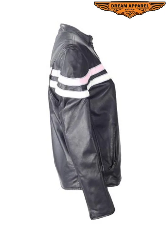 Womens Leather Jacket With Cream & Pink Stripes